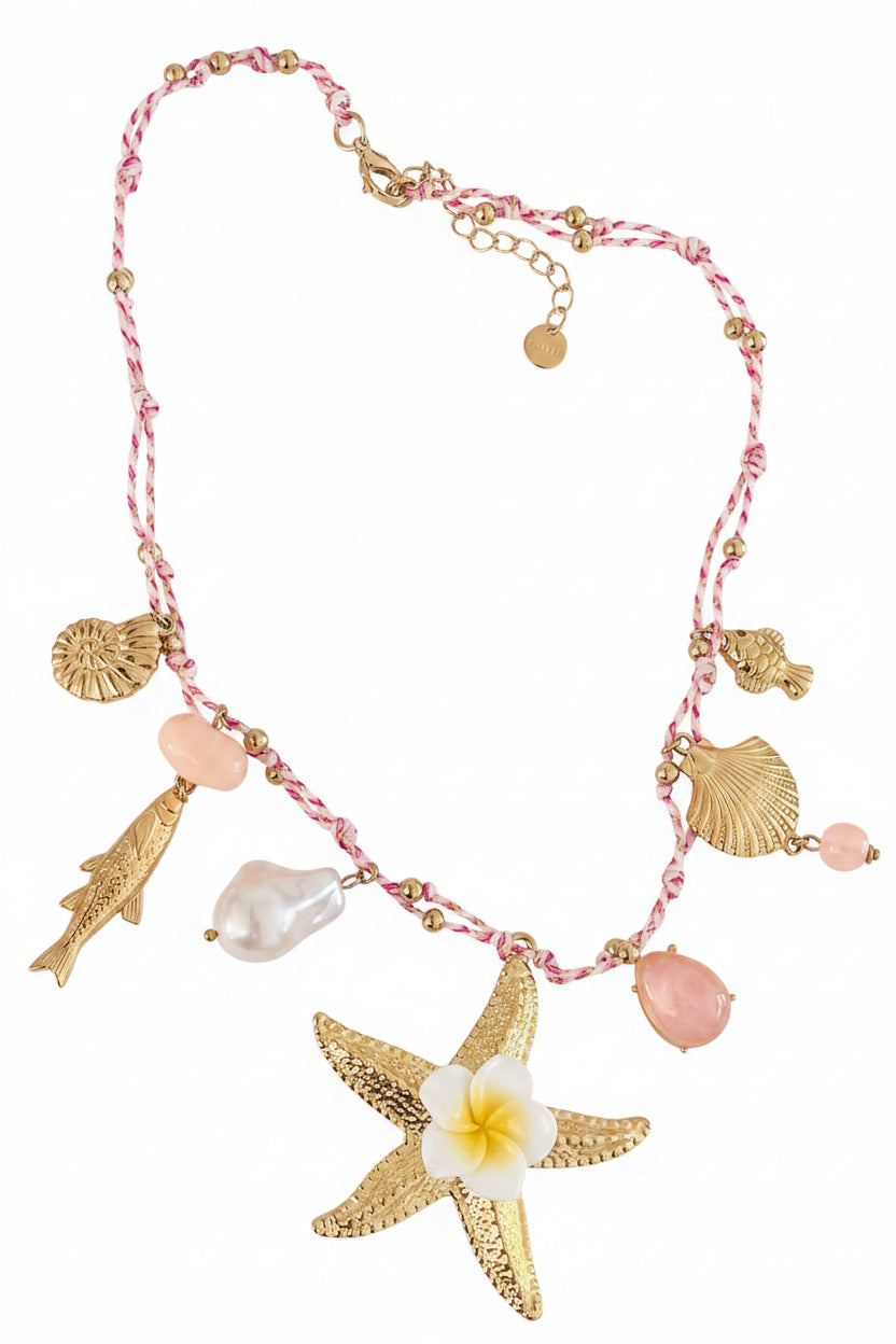 Collier doré cordon rose étoile de mer