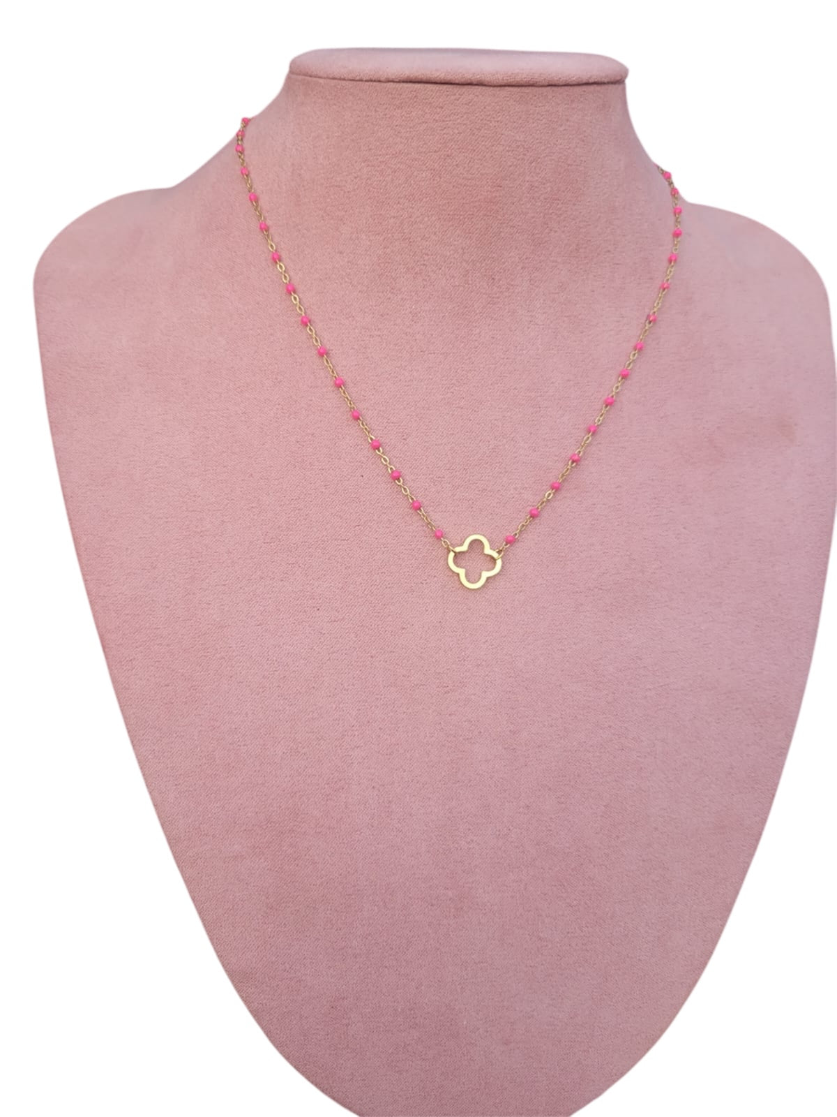 Collier doré trèfle émail rose
