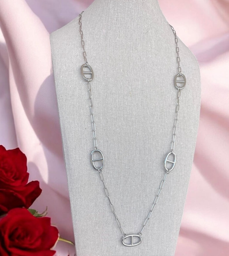 🎀✨Sautoir argenté mailles marine