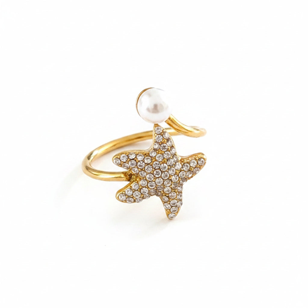 Bague dorée étoile de mer perle