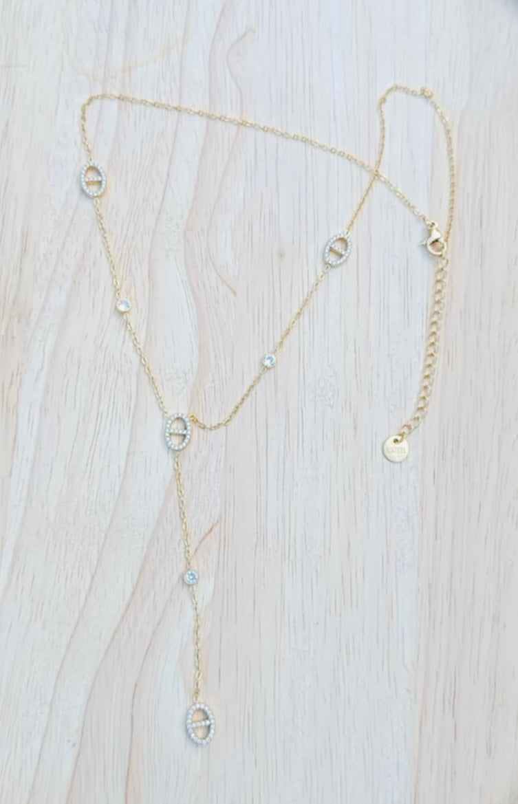 Collier y doré mailles marine strass