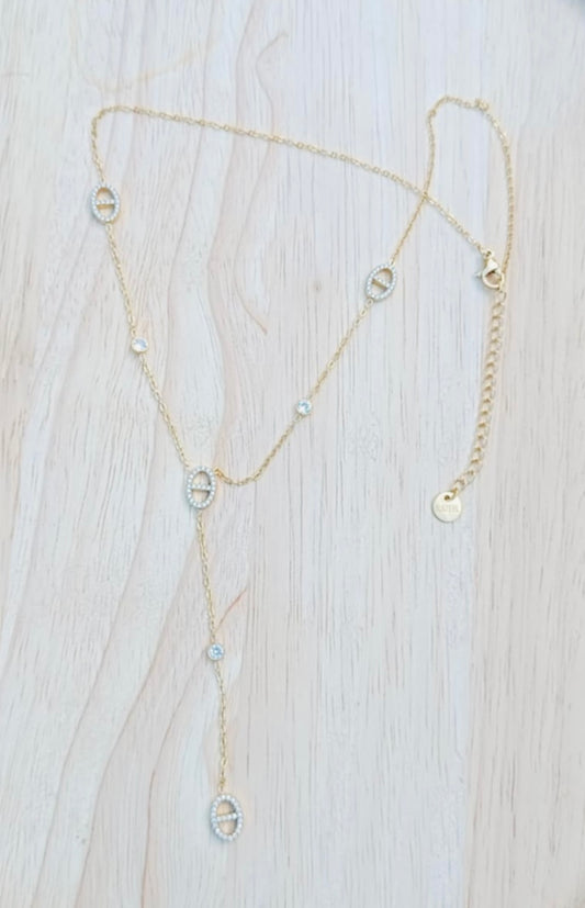 Collier y doré mailles marine strass