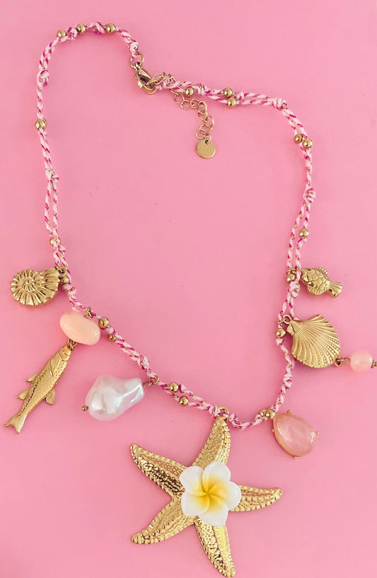 Collier doré cordon rose étoile de mer✨