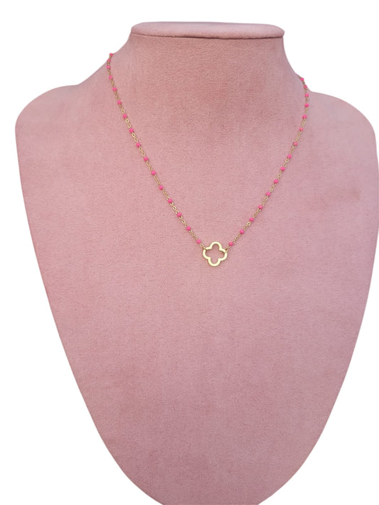 Collier doré trèfle émail rose