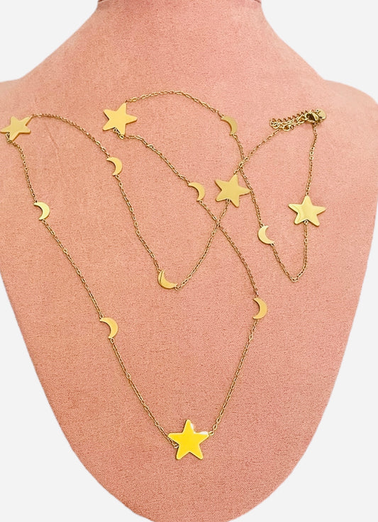Sautoir doré étoiles lunes