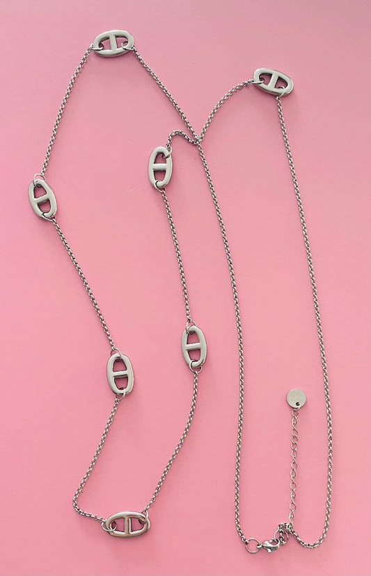 🎀Sautoir argenté mailles marine🎀✨