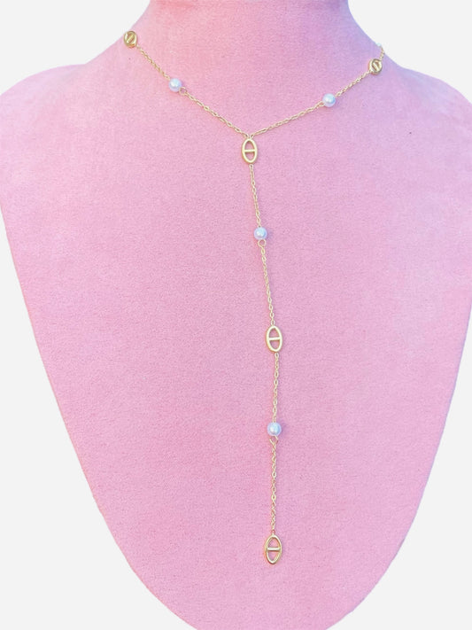 Collier y doré mailles marine perles