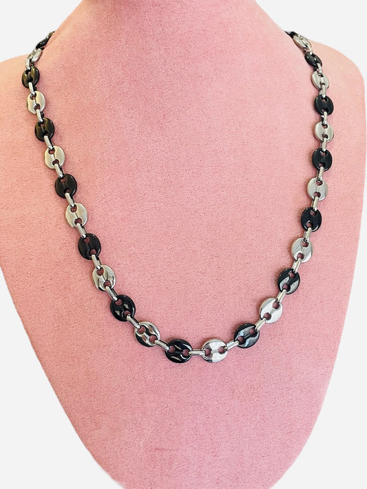 Collier graines de café noir et argentés