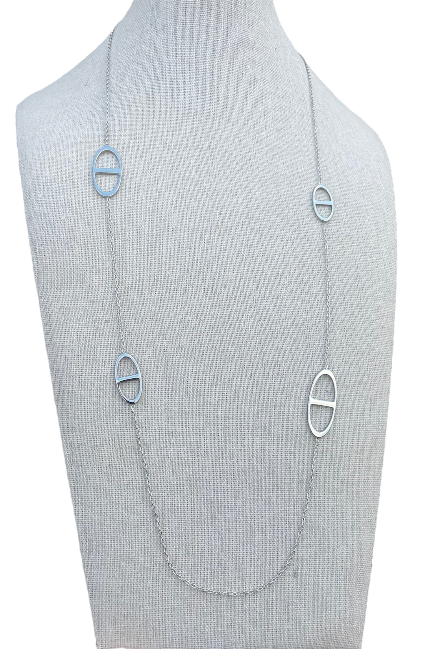 Sautoir argenté mailles marine🎀✨