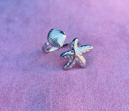 Bague argentée étoile de mer coquillage