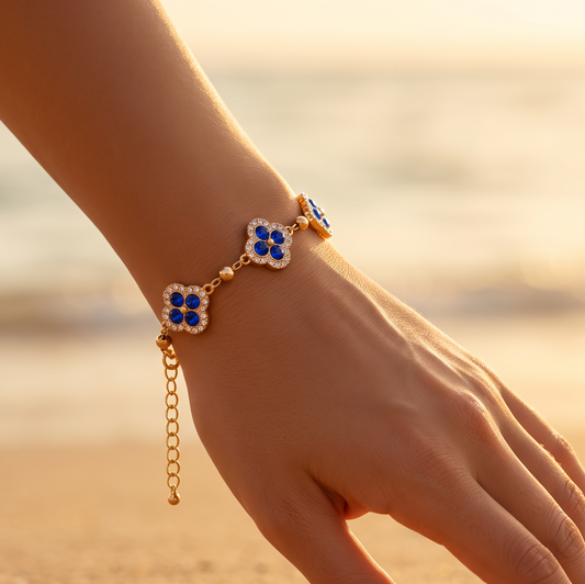 Bracelet doré bleu fleurs